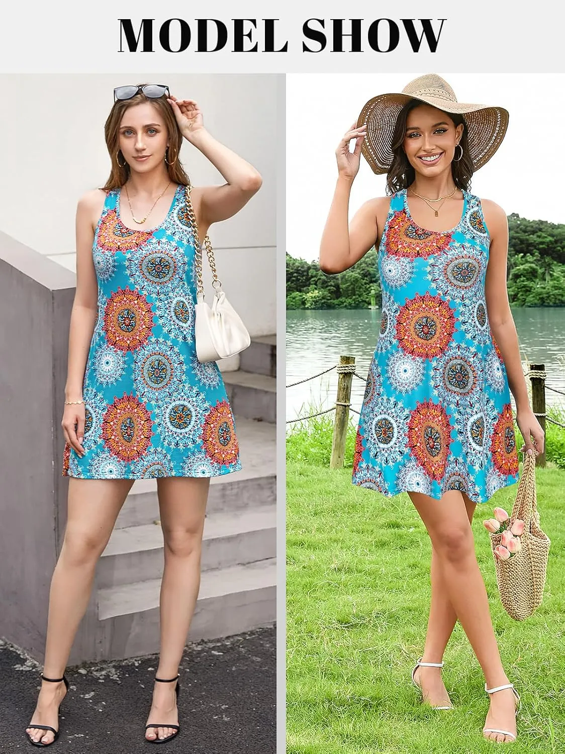 V FOR CITY Summer Dresses with Built in Bra Women Pockets Beach Sundress Casual Loose Sleeveless Racerback Tank Dress