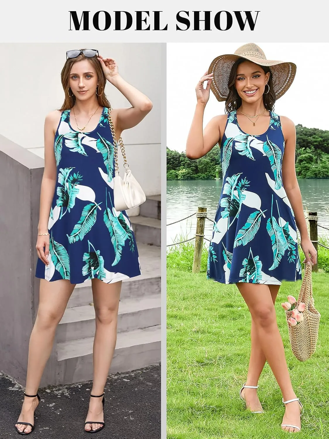 V FOR CITY Summer Dresses with Built in Bra Women Pockets Beach Sundress Casual Loose Sleeveless Racerback Tank Dress