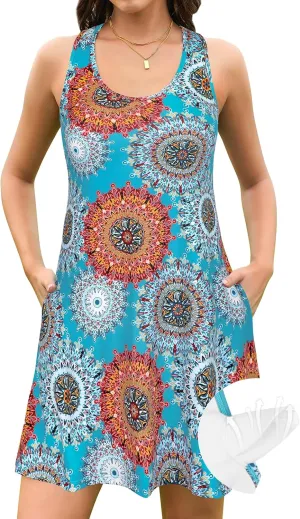 V FOR CITY Summer Dresses with Built in Bra Women Pockets Beach Sundress Casual Loose Sleeveless Racerback Tank Dress