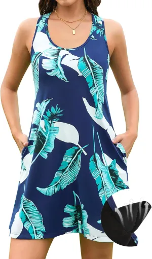 V FOR CITY Summer Dresses with Built in Bra Women Pockets Beach Sundress Casual Loose Sleeveless Racerback Tank Dress