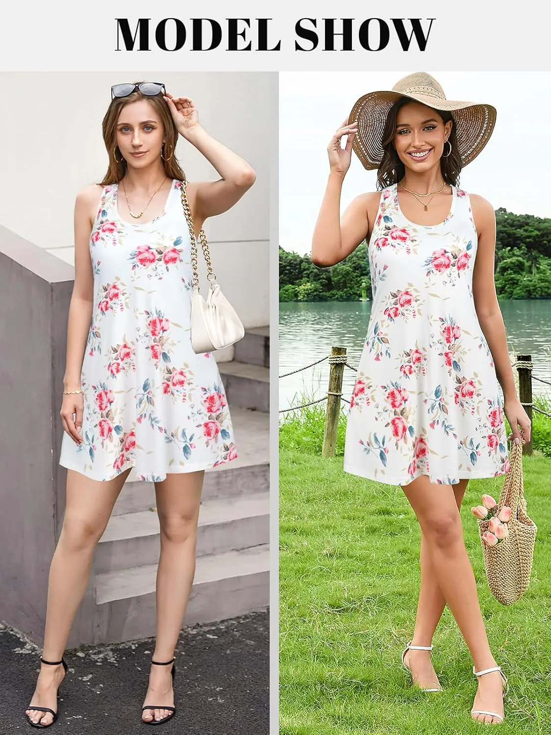 V FOR CITY Summer Dresses with Built in Bra Women Pockets Beach Sundress Casual Loose Sleeveless Racerback Tank Dress