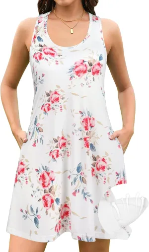 V FOR CITY Summer Dresses with Built in Bra Women Pockets Beach Sundress Casual Loose Sleeveless Racerback Tank Dress