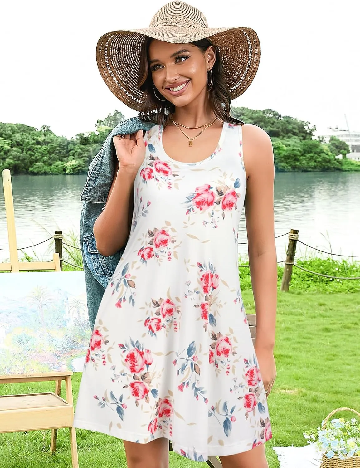 V FOR CITY Summer Dresses with Built in Bra Women Pockets Beach Sundress Casual Loose Sleeveless Racerback Tank Dress