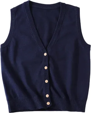 V Neck Sweater Vest for Women Trendy Sleeveless Cardigan Solid Color Button Down Knitted Tank Tops