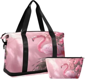 Valentine Flamingo Roses Sports Gym Bag with Waterproof Dry Wet Pocket, Travel Duffel Bag for Women MenWorkout Bag Fits Yoga, Swimming