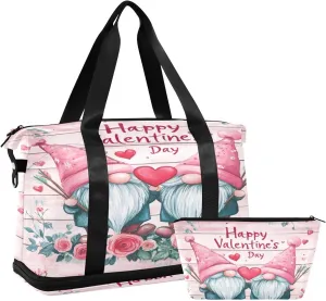 Valentine Gnome Lovers Sports Gym Bag with Waterproof Dry Wet Pocket, Travel Duffel Bag for Women MenWorkout Bag Fits Yoga, Swimming