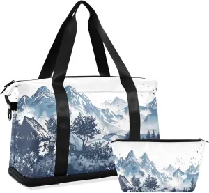 Village and Mountains Sports Gym Bag with Waterproof Dry Wet Pocket, Travel Duffel Bag for Women MenWorkout Bag Fits Yoga, Swimming