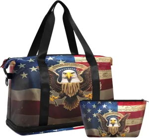 Vintage Flag Eagle Sports Gym Bag with Waterproof Dry Wet Pocket, Travel Duffel Bag for Women MenWorkout Bag Fits Yoga, Swimming