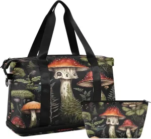 Vintage Flower Mushrooms1 Sports Gym Bag with Waterproof Dry Wet Pocket, Travel Duffel Bag for Women MenWorkout Bag Fits Yoga, Swimming