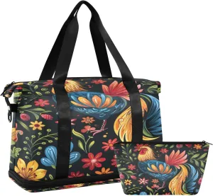 Vintage Rooster Sports Gym Bag with Waterproof Dry Wet Pocket, Travel Duffel Bag for Women MenWorkout Bag Fits Yoga, Swimming