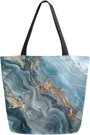 Vivid Pattern Extra Large Shoulder Grocery Tote Bag, Luxurious Cyan Marble Stone Texture Canvas Daily Handle Bag for Gym Weekender Beach Travel Kitchen Reusable Market Shopping