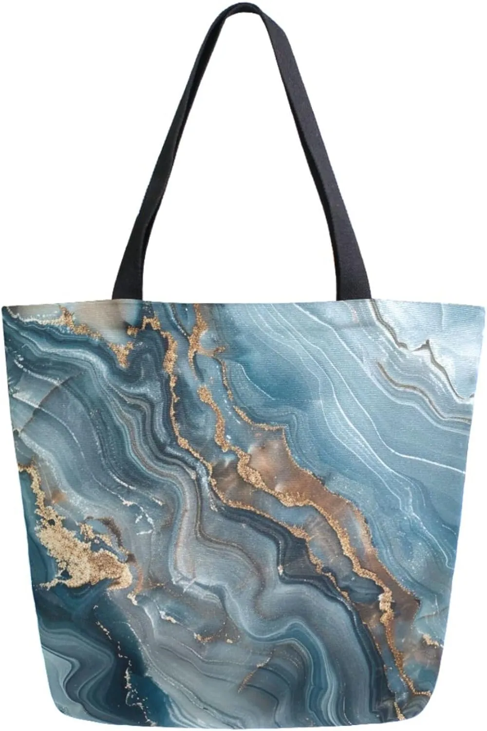 Vivid Pattern Extra Large Shoulder Grocery Tote Bag, Luxurious Cyan Marble Stone Texture Canvas Daily Handle Bag for Gym Weekender Beach Travel Kitchen Reusable Market Shopping