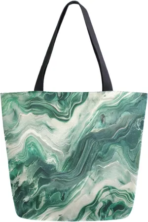 Vivid Pattern Extra Large Shoulder Grocery Tote Bag, Natural Mineral Green Marble Canvas Daily Handle Bag for Gym Weekender Beach Travel Kitchen Reusable Market Shopping
