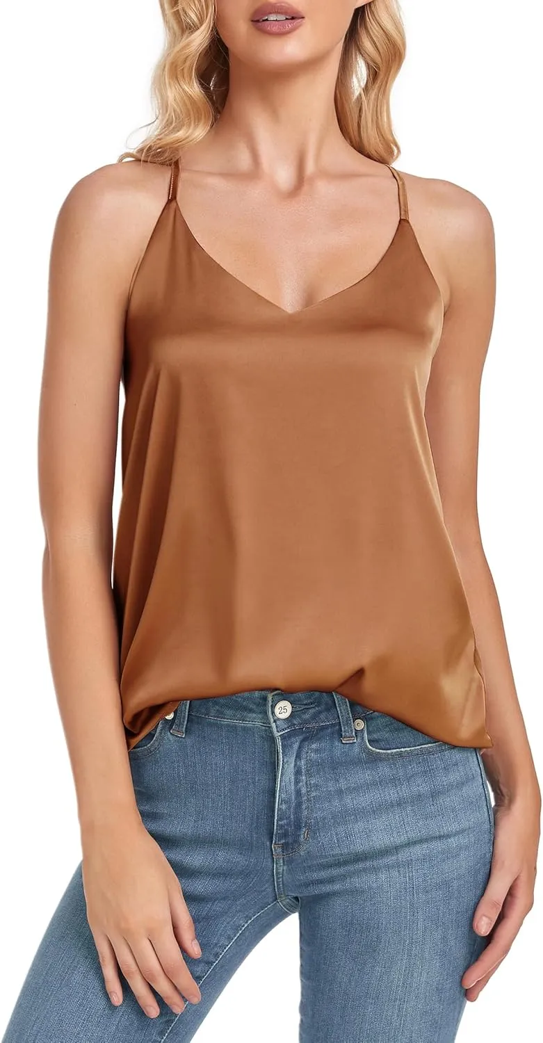 Wantschun Womens Silk Satin Camisole V-Neck Adjustable Spaghetti Strap Loose Fit Racerback Cami Casual Sleeveless Tank Top