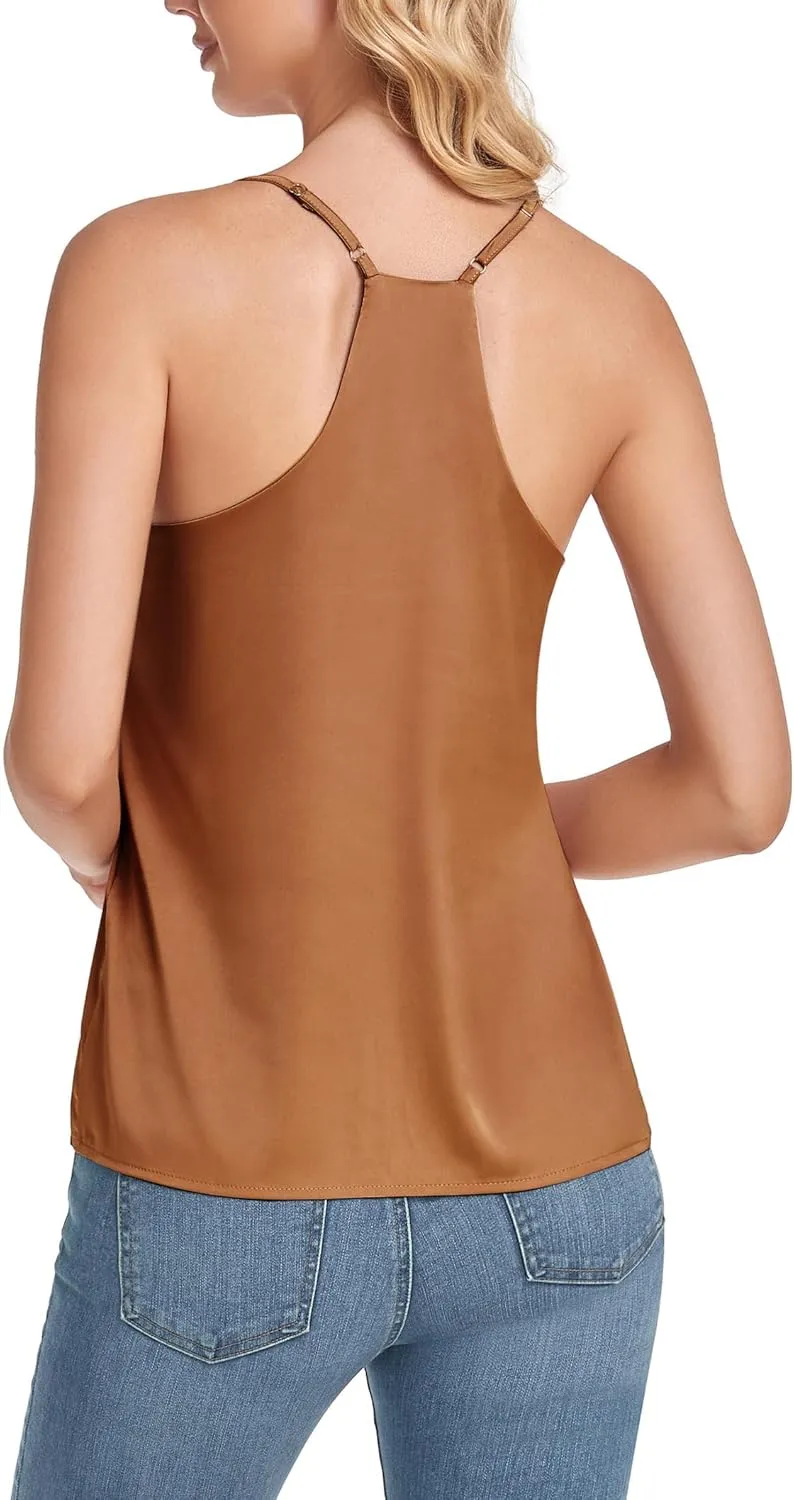 Wantschun Womens Silk Satin Camisole V-Neck Adjustable Spaghetti Strap Loose Fit Racerback Cami Casual Sleeveless Tank Top