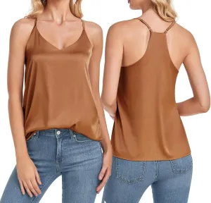 Wantschun Womens Silk Satin Camisole V-Neck Adjustable Spaghetti Strap Loose Fit Racerback Cami Casual Sleeveless Tank Top