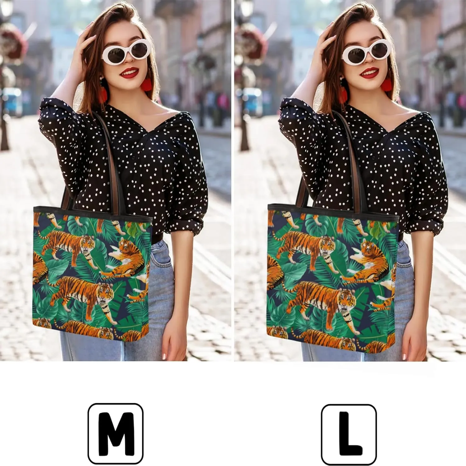 Watercolor Tiger Palm Tote Bag Multi Pocket Zippered Beach Bag Lightweight Waterproof Handbag