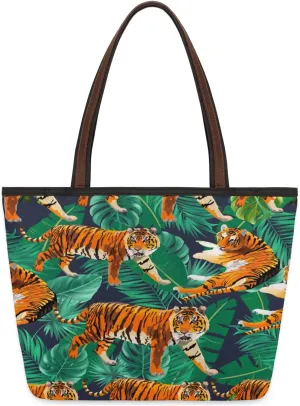 Watercolor Tiger Palm Tote Bag Multi Pocket Zippered Beach Bag Lightweight Waterproof Handbag