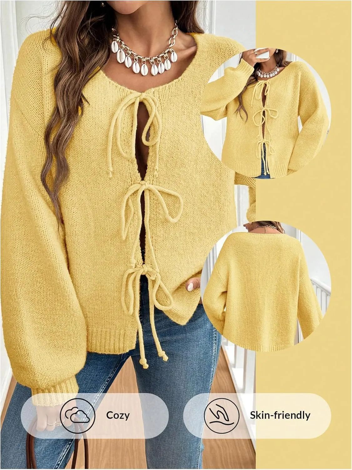 WDIRARA Women's Tie Front Crewneck Knit Cardigan Long Sleeve Drop Shoulder Sweater