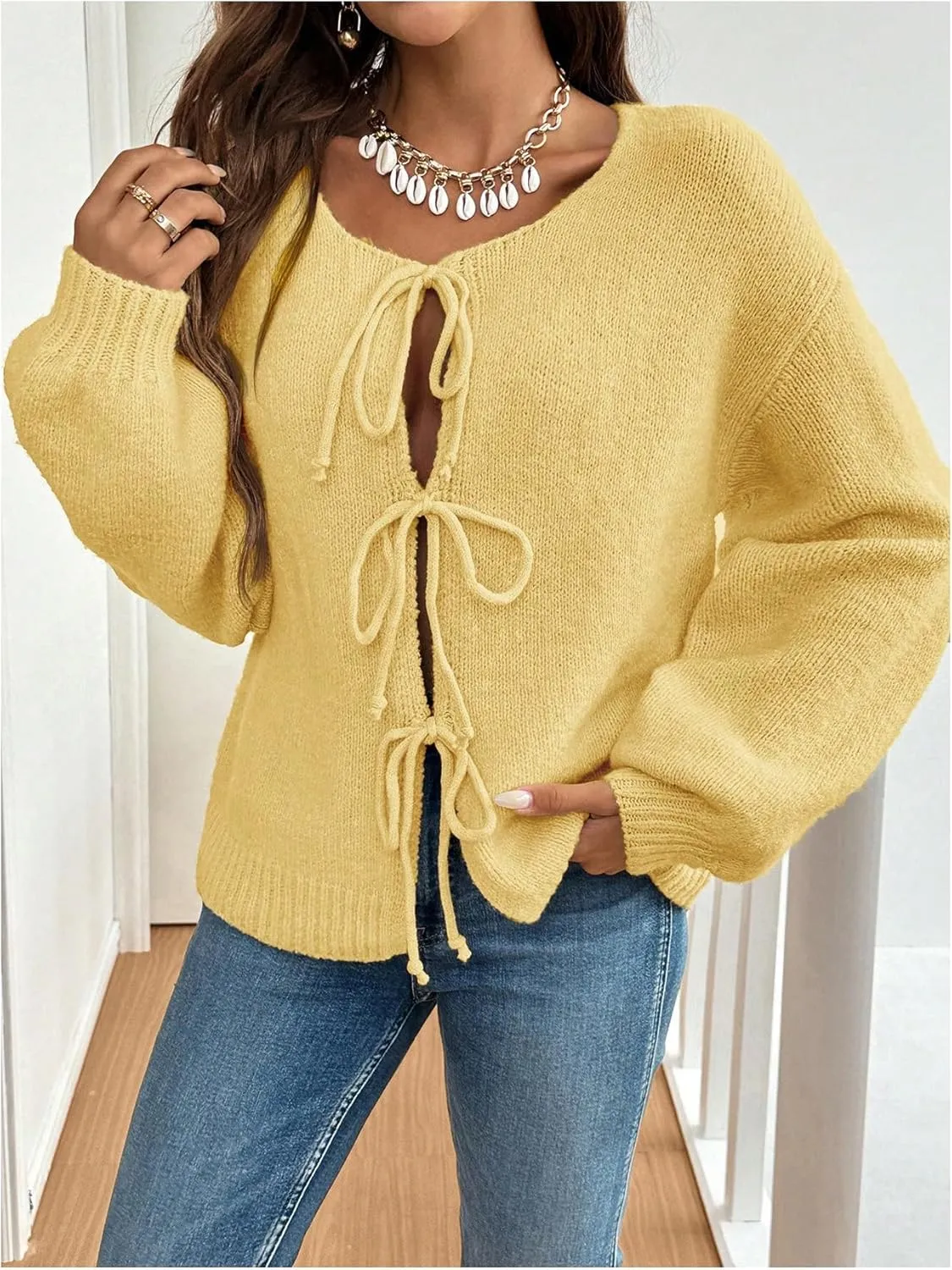 WDIRARA Women's Tie Front Crewneck Knit Cardigan Long Sleeve Drop Shoulder Sweater