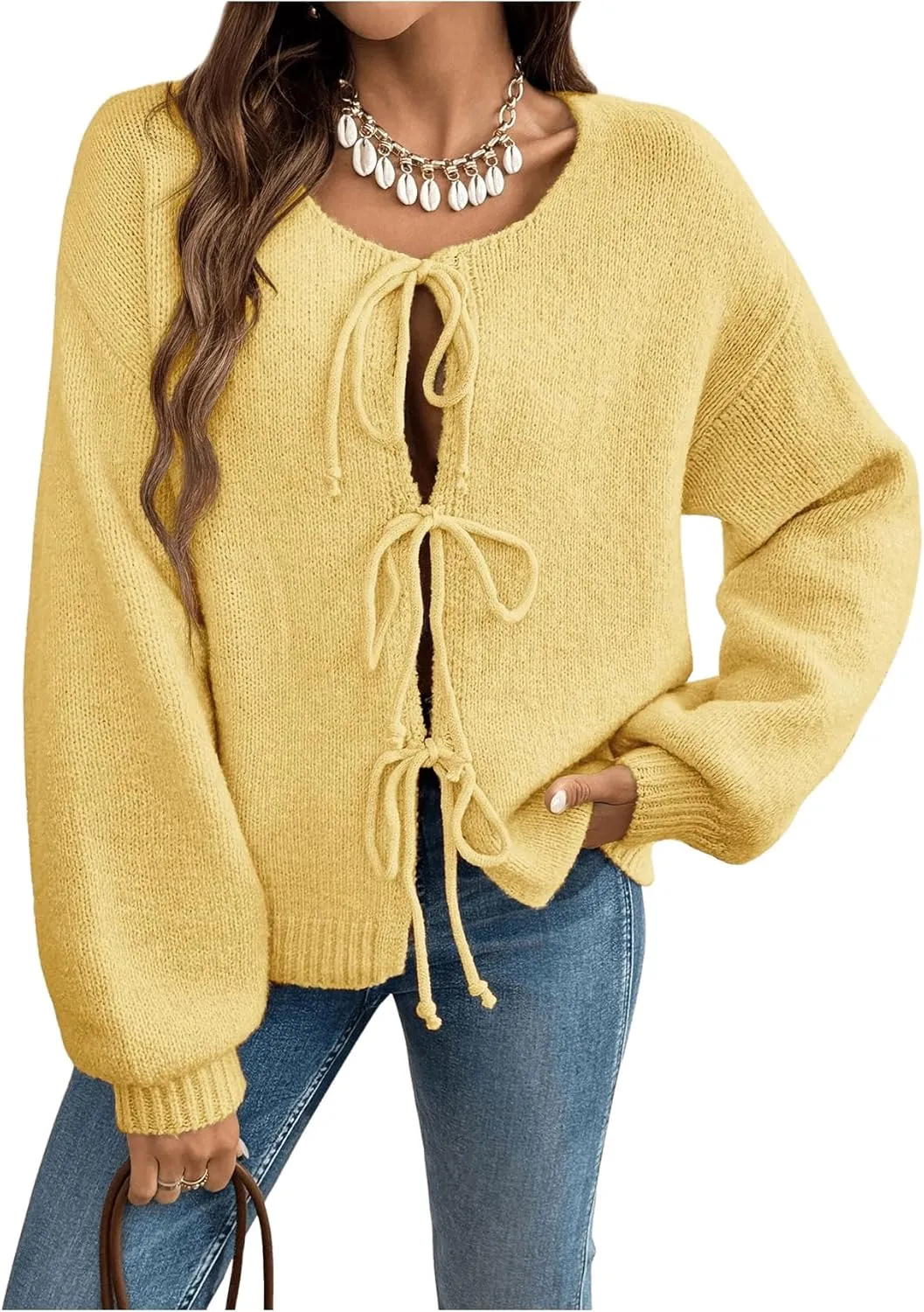 WDIRARA Women's Tie Front Crewneck Knit Cardigan Long Sleeve Drop Shoulder Sweater