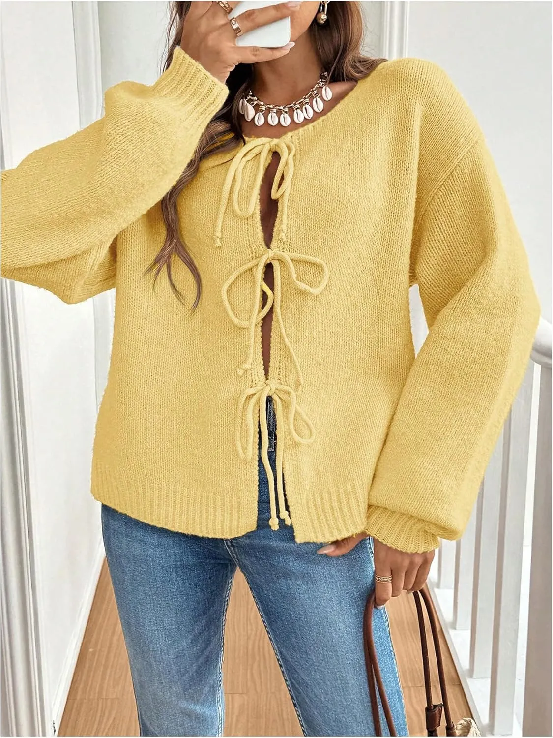 WDIRARA Women's Tie Front Crewneck Knit Cardigan Long Sleeve Drop Shoulder Sweater