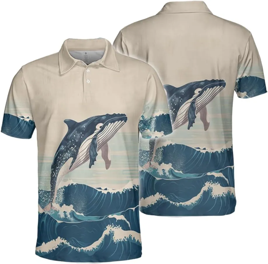 Whale Polo Shirts for Men - Marine Stylish Mens Goft Shirt Casual Short Sleeve Button Down Outfit Set 18