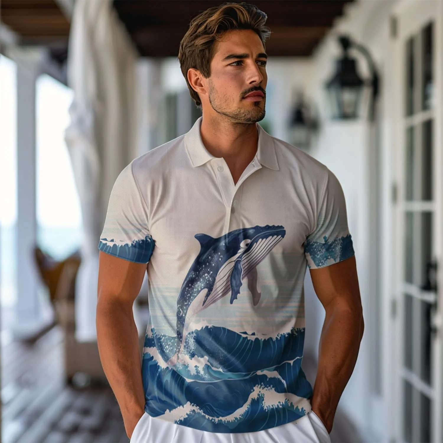 Whale Polo Shirts for Men - Marine Stylish Mens Goft Shirt Casual Short Sleeve Button Down Outfit Set 18