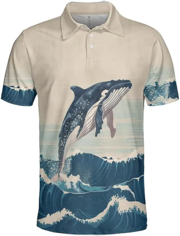 Whale Polo Shirts for Men - Marine Stylish Mens Goft Shirt Casual Short Sleeve Button Down Outfit Set 18