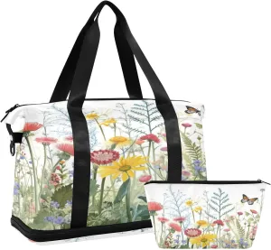 Wildflowers Butterfly Sports Gym Bag with Waterproof Dry Wet Pocket, Travel Duffel Bag for Women MenWorkout Bag Fits Yoga, Swimming
