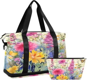 Wildflowers Sports Gym Bag with Waterproof Dry Wet Pocket, Travel Duffel Bag for Women MenWorkout Bag Fits Yoga, Swimming