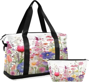 Wildflowers16 Sports Gym Bag with Waterproof Dry Wet Pocket, Travel Duffel Bag for Women MenWorkout Bag Fits Yoga, Swimming