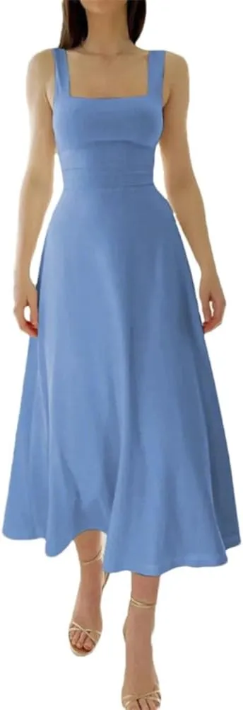 Women Camisole Dress Color Wide Strap Elastic Waist Slim Fit Bodysuit Dresses Casual Party Fit Skirt