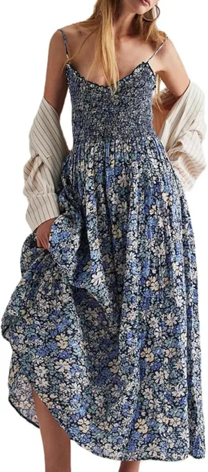 Women Floral Boho Maxi Dress Tie Shoulder Flowy Swing Smocked Dress Summer Backless Long Sundress
