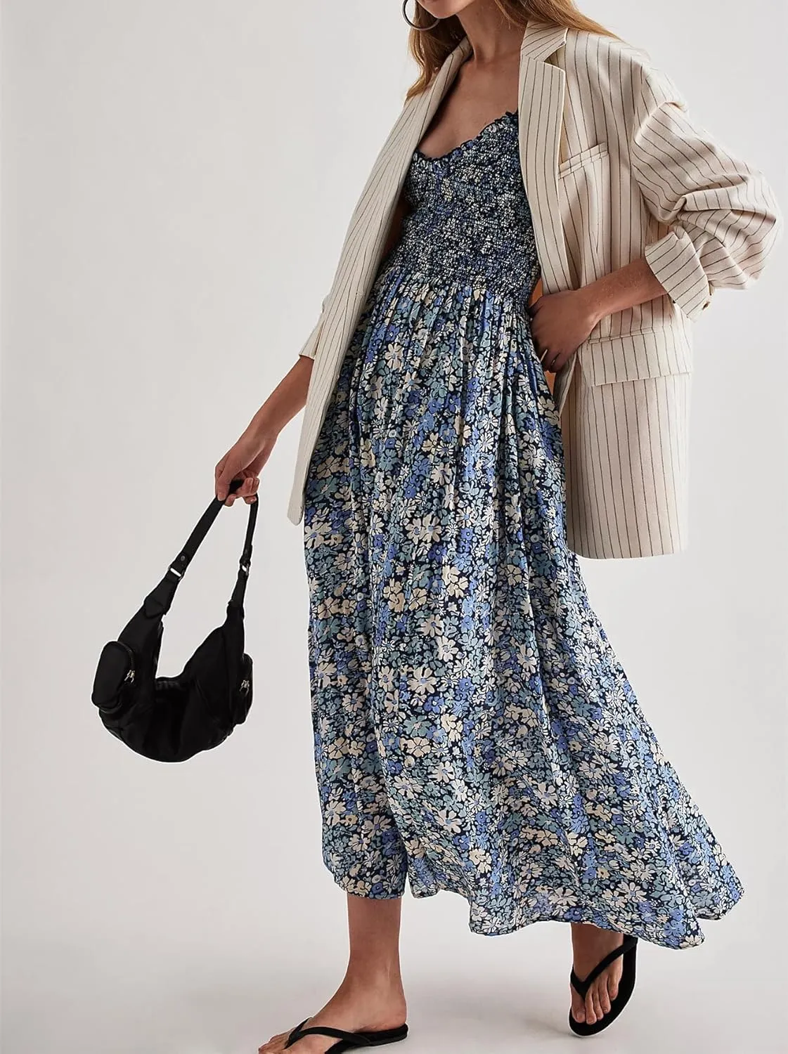 Women Floral Boho Maxi Dress Tie Shoulder Flowy Swing Smocked Dress Summer Backless Long Sundress