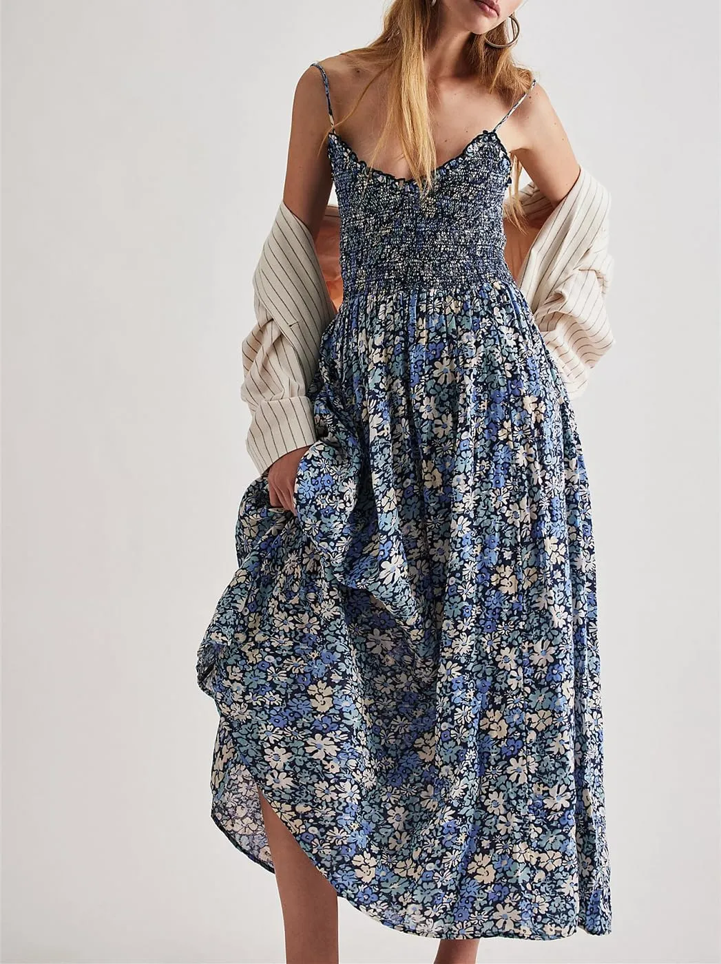 Women Floral Boho Maxi Dress Tie Shoulder Flowy Swing Smocked Dress Summer Backless Long Sundress