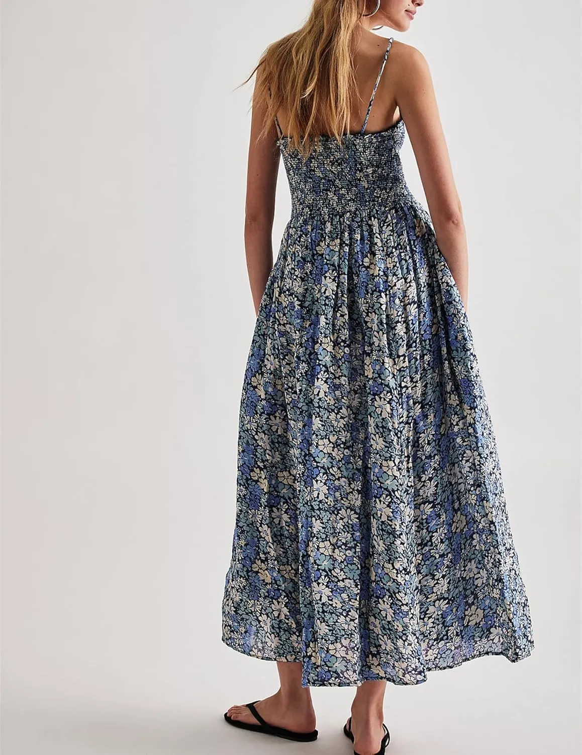 Women Floral Boho Maxi Dress Tie Shoulder Flowy Swing Smocked Dress Summer Backless Long Sundress