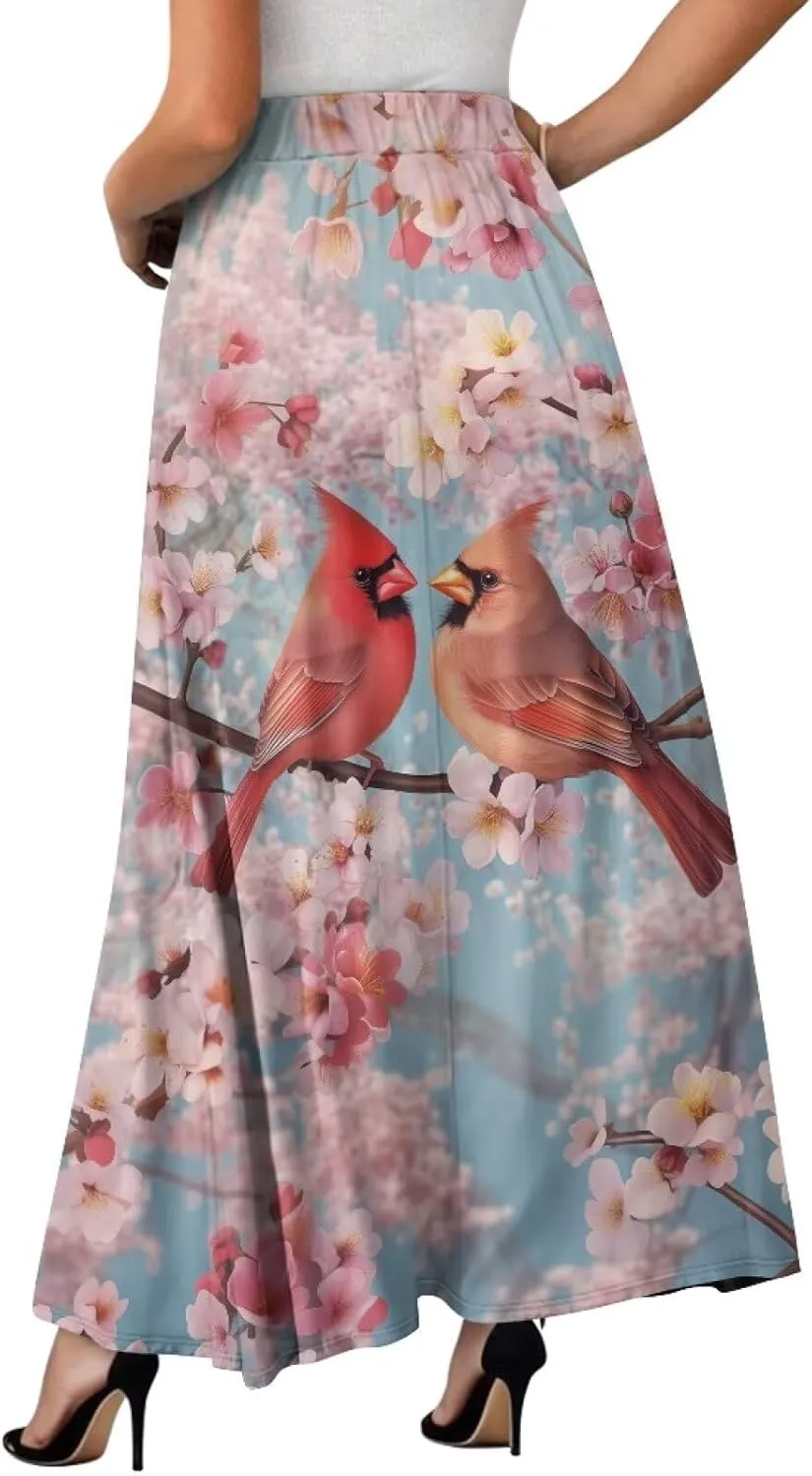 Women Pleated Skirt Polyester A-Line Printed Maxi Skirts with Pockets for Vacation Travel Parties