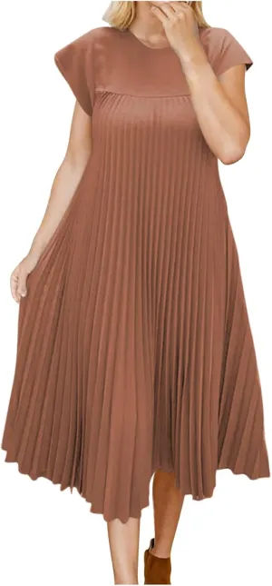 Women Solid Color Dress Summer Short Sleeve Crew Neck Pleated Maxi Dresses Plus Size Loose Fit Fashion Casual Dress