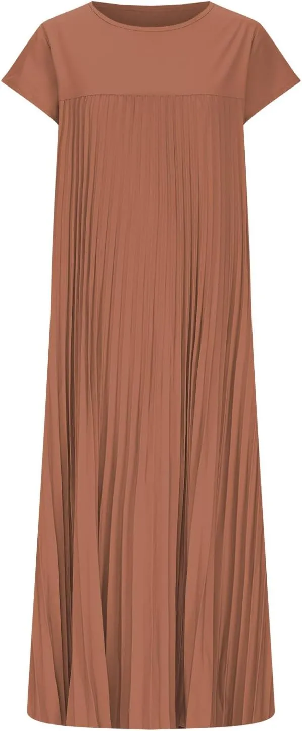 Women Solid Color Dress Summer Short Sleeve Crew Neck Pleated Maxi Dresses Plus Size Loose Fit Fashion Casual Dress
