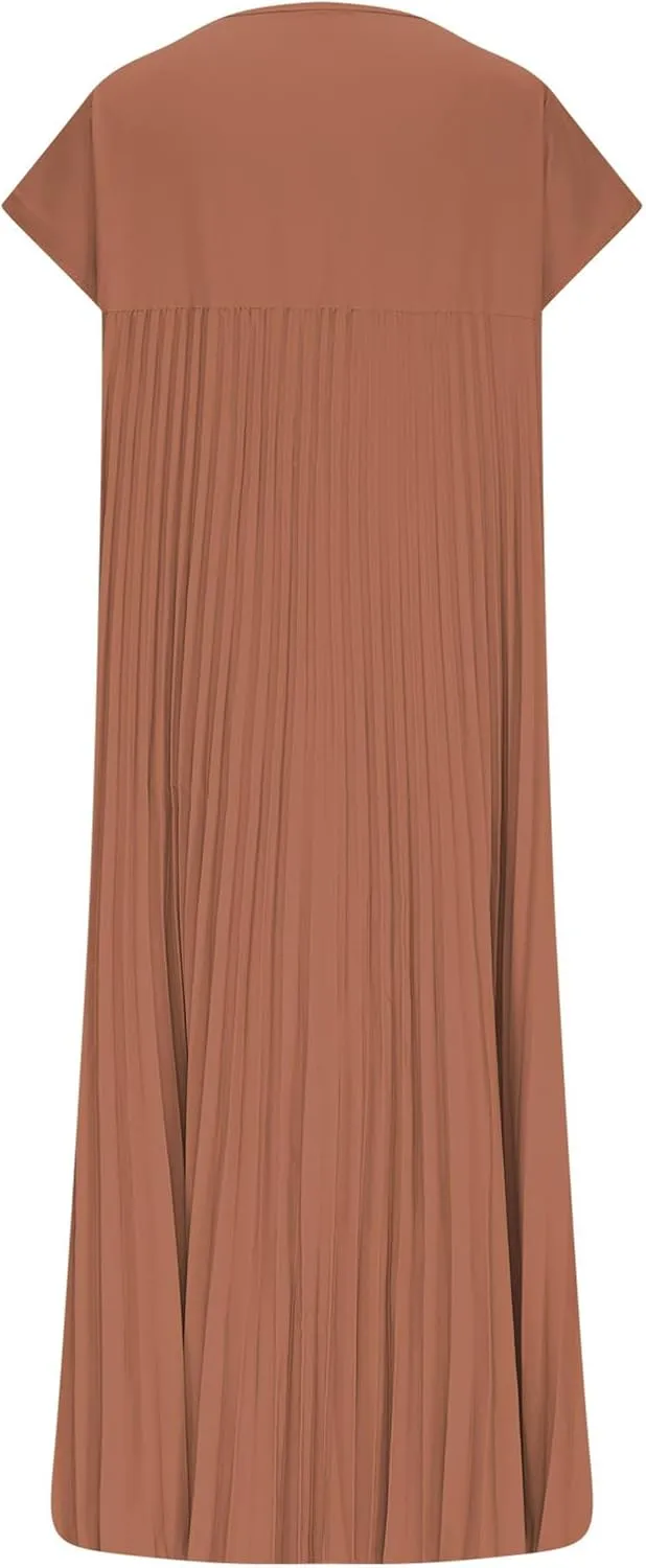 Women Solid Color Dress Summer Short Sleeve Crew Neck Pleated Maxi Dresses Plus Size Loose Fit Fashion Casual Dress