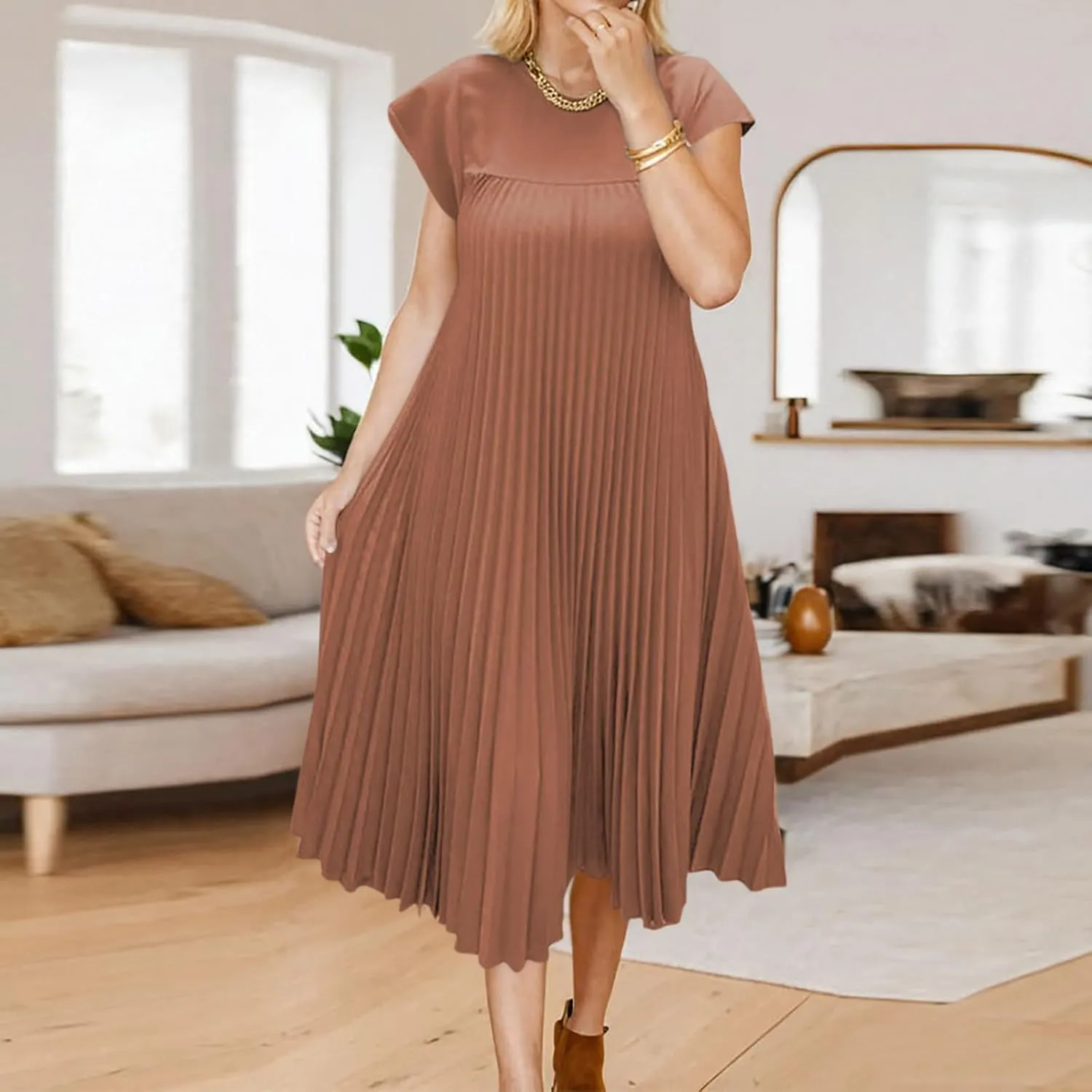 Women Solid Color Dress Summer Short Sleeve Crew Neck Pleated Maxi Dresses Plus Size Loose Fit Fashion Casual Dress