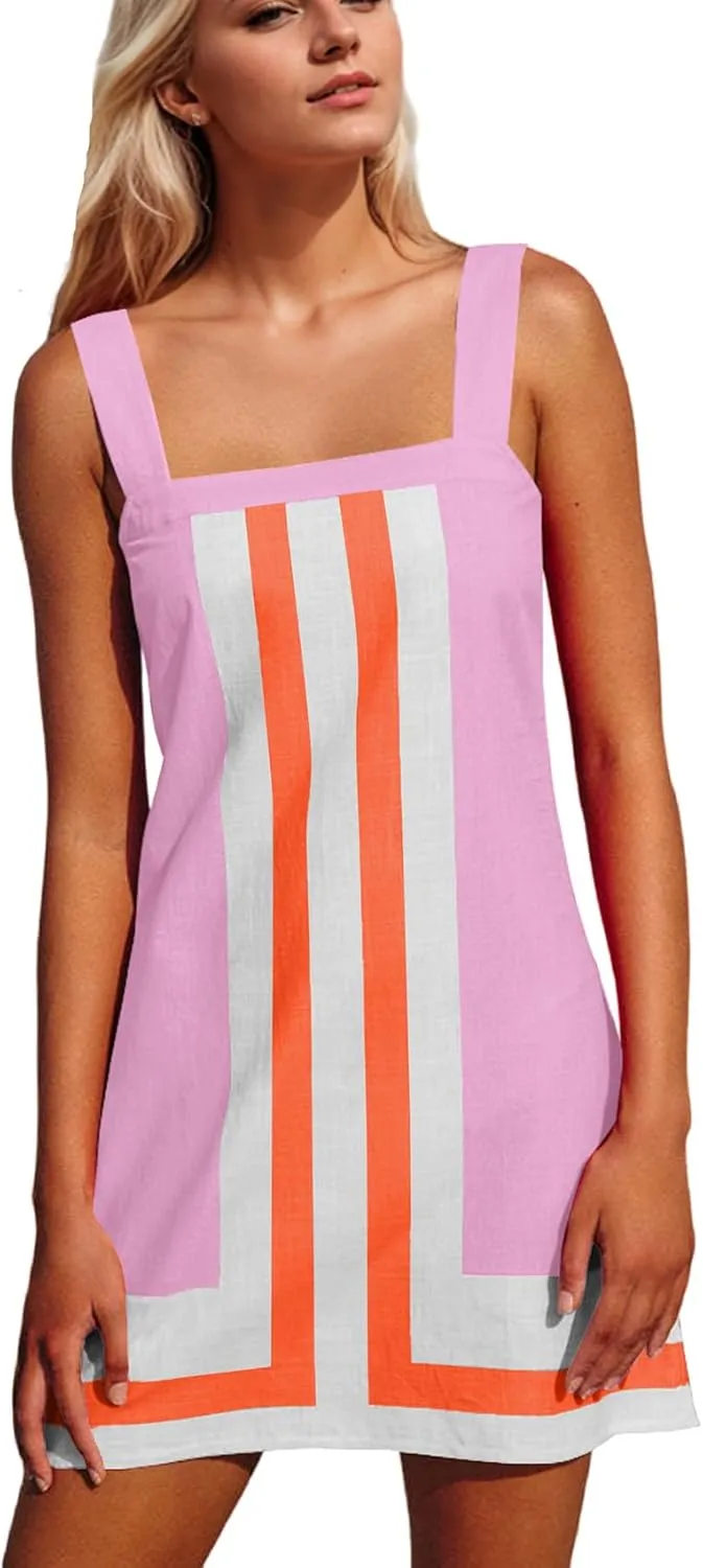 Women Striped Mini Dress Color Block Summer Square Neck Short Dress Sleeveless Backless Beach Cover Up Dress