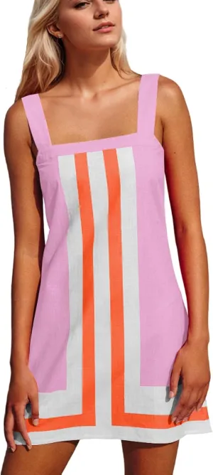 Women Striped Mini Dress Color Block Summer Square Neck Short Dress Sleeveless Backless Beach Cover Up Dress