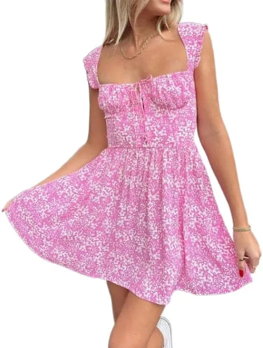 Women Summer Floral Swing Mini Dress Tie Front Square Neck Backless Dress Ruffle Flowy Short Beach Sundress