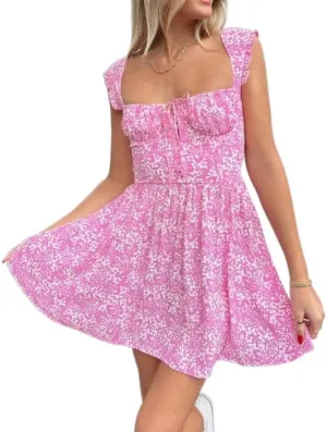 Women Summer Floral Swing Mini Dress Tie Front Square Neck Backless Dress Ruffle Flowy Short Beach Sundress