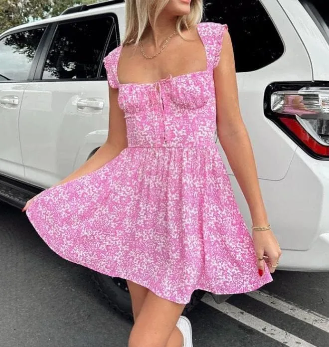 Women Summer Floral Swing Mini Dress Tie Front Square Neck Backless Dress Ruffle Flowy Short Beach Sundress