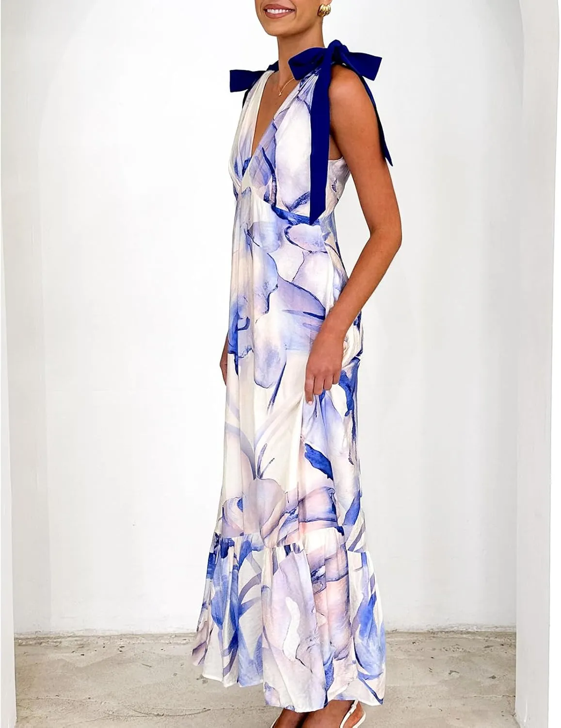 Women Tie Shoulder Boho Maxi Dress Y2k Floral Smocked Long Dress Summer Flowy Vacation Beach Sundress