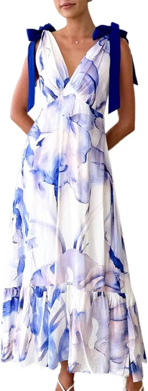 Women Tie Shoulder Boho Maxi Dress Y2k Floral Smocked Long Dress Summer Flowy Vacation Beach Sundress