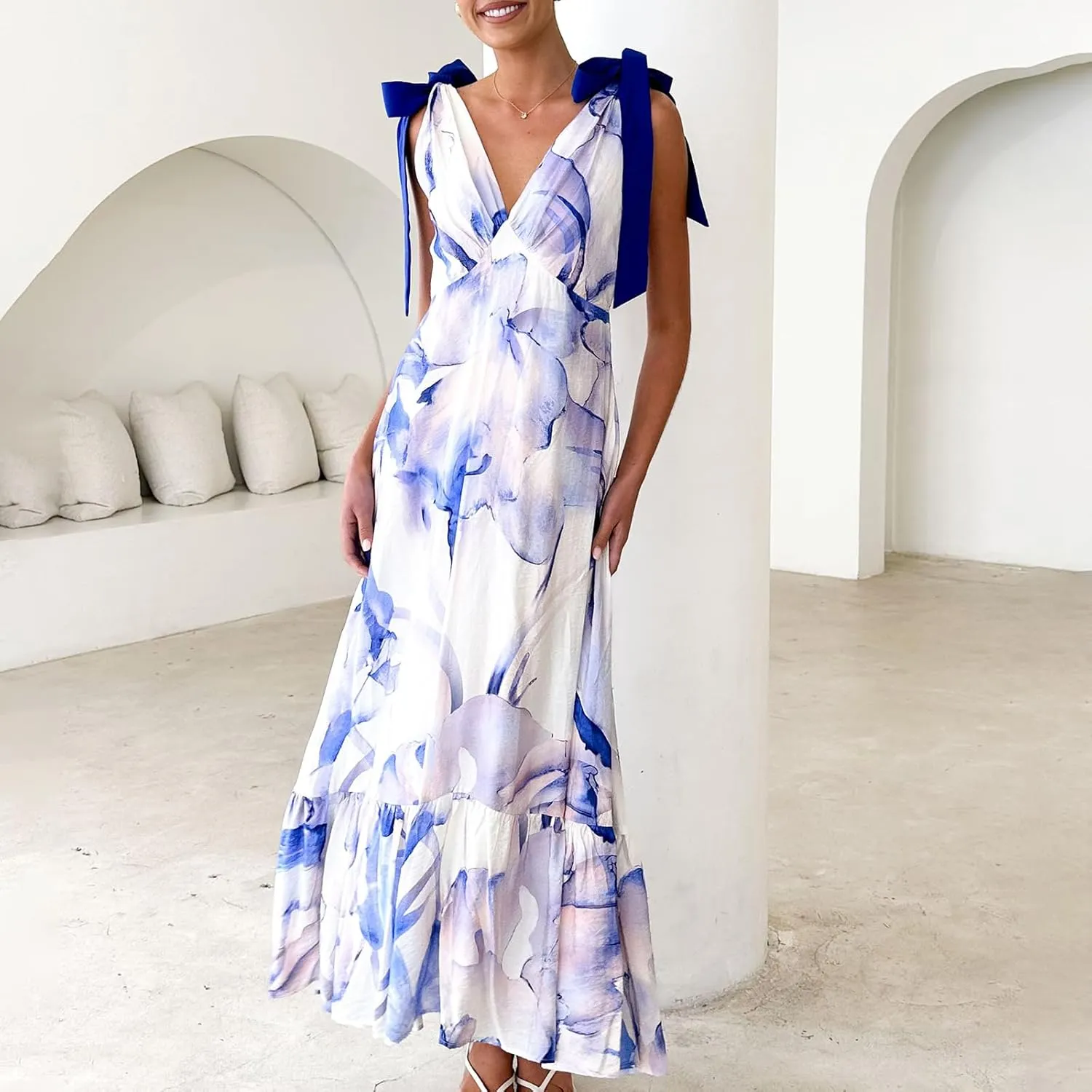 Women Tie Shoulder Boho Maxi Dress Y2k Floral Smocked Long Dress Summer Flowy Vacation Beach Sundress